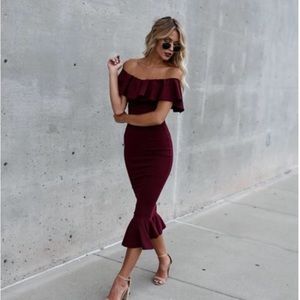 Havana ruffle midi dress in burgundy